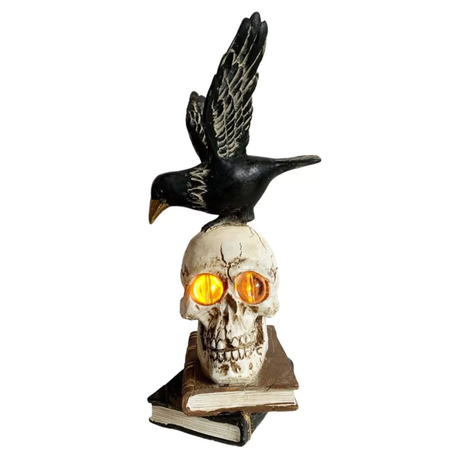 Halloween Decor>Roger's Gardens Flying Black Raven With Glowing Lighted Skull On Book - 13" Tall
