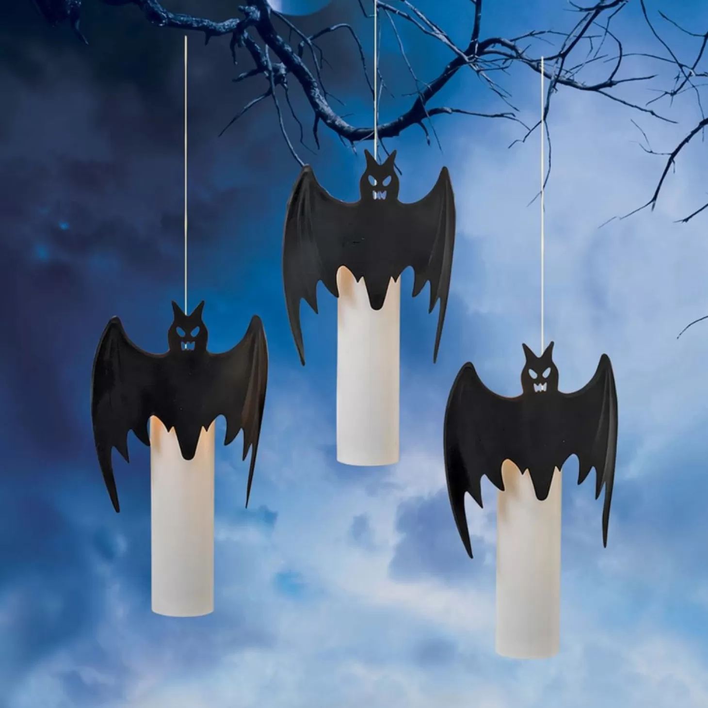 Halloween Decor>Roger's Gardens Nightwing Illuminations: Hanging Bat Candle Lights - 10" Tall - Set Of 3