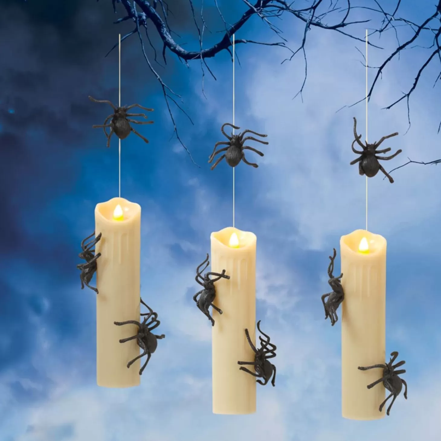 Halloween Decor>Roger's Gardens Web Of Shadows: Hanging Spider Candle Lights - 8" Tall - Set Of 3